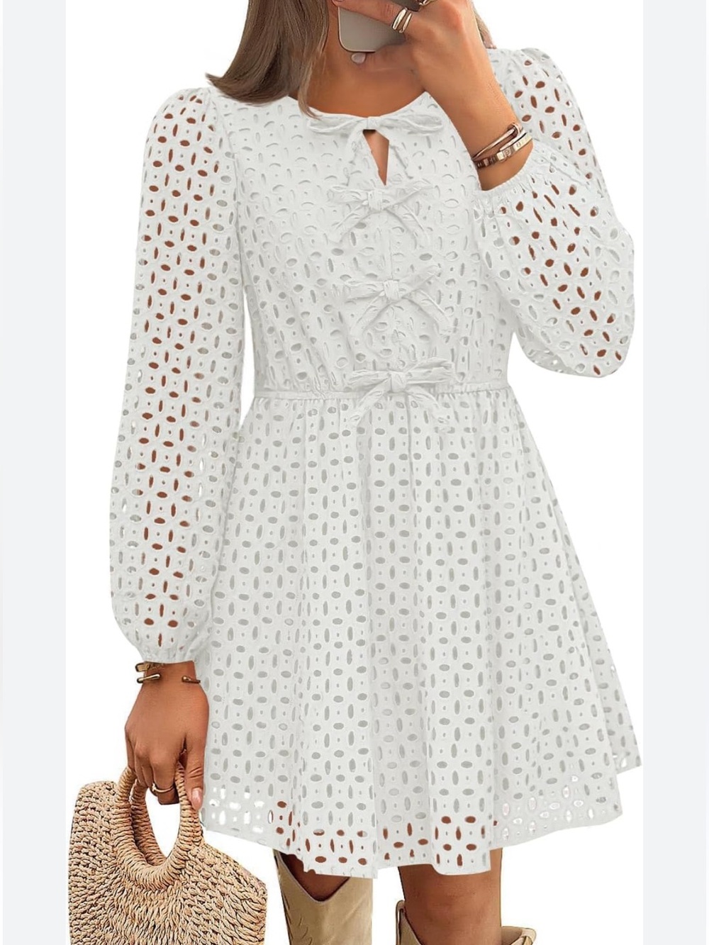 White Eyelet Long Sleeve Mini Dress with Tie Front